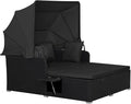 RELAX4LIFE Patio Outdoor Daybed with Canopy, Wicker Sunbed w/Cushions, 4 Pillows & 2 Retractable Side Trays, 2-Person Lounge Bed Conversation for Poolside Porch Garden, Rattan Outdoor Bed (Black)