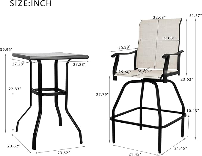 LEVELEVE Patio Bar Set 3pcs Swivel Bar Stools Outdoor Bistro Textilene Furniture Stability All-Weather Set with Height Table (3, Beige Fabric)