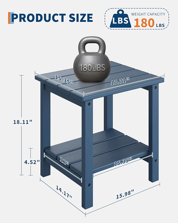 GarveeLife Adirondack Outdoor Side Table 18 x 15 in, HDPE 2-Tier Patio Side Tables for Outside, All-Weather End Table for Patio Pool Deck Indoor Backyard, Navy Blue-2Pcs