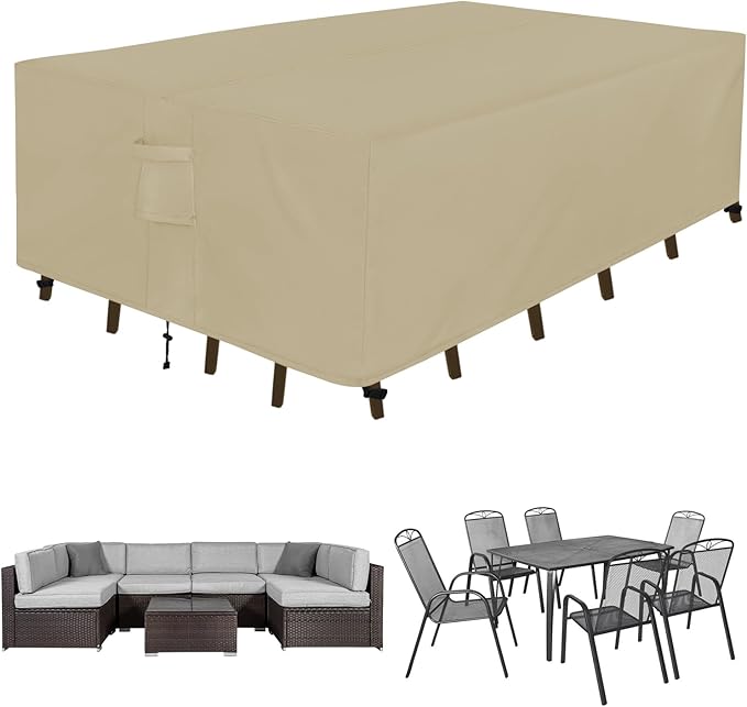 Easy-Going Rectangle Patio Furniture Cover Waterproof Outdoor Dining Table and Chair Cover Anti-UV Outside Sectional Sofa Set Covers (90"L x 64"W x 28"H, Camel)