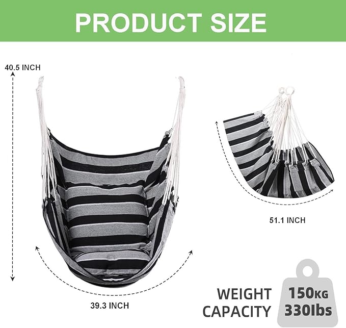 Goutime Hammock Chair, Boho Hanging Rope Ceiling Swing, Macrame Hanging Swinging Chair for Indoor,Outdoor,Bedroom,Outside,Garden,Balcony,Yard,Deck,Max 330 Lbs (Gray Stripe)