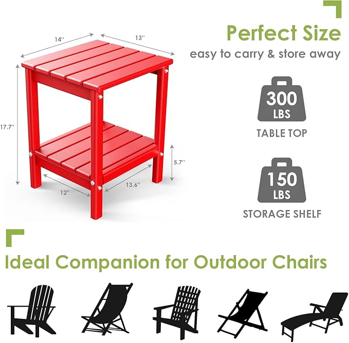 GREENVINES Adirondack-Outdoor-Side-Table | Set of 4 | 14 x 13 Inches | HDPE Plastic | All Weather | Red | Outside End Tables | Storage Shelf | for Patio Porch Backyard Indoor