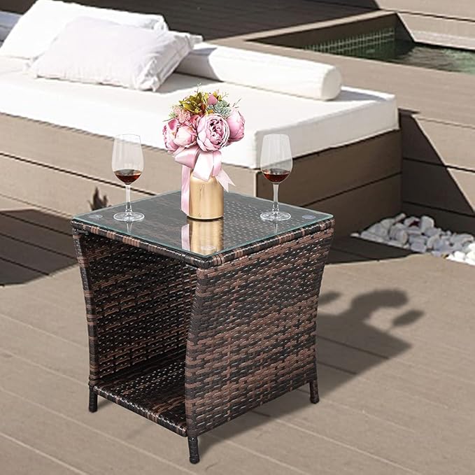 Wicker Rattan Side Table, Outdoor Square Rattan Coffee End Table with Tempered Glass Top and Storage for Patio Porch Lawn (Brown)