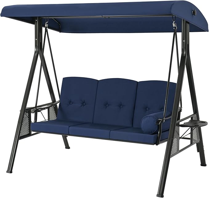 AECOJOY Outdoor Porch Swing, 3-Seat Porch Swing with Adjustable Canopy, Outdoor Swings for Adult with Dark Blue Removable Cushions for Backyard, Garden, Yard, Poolside, Balcony