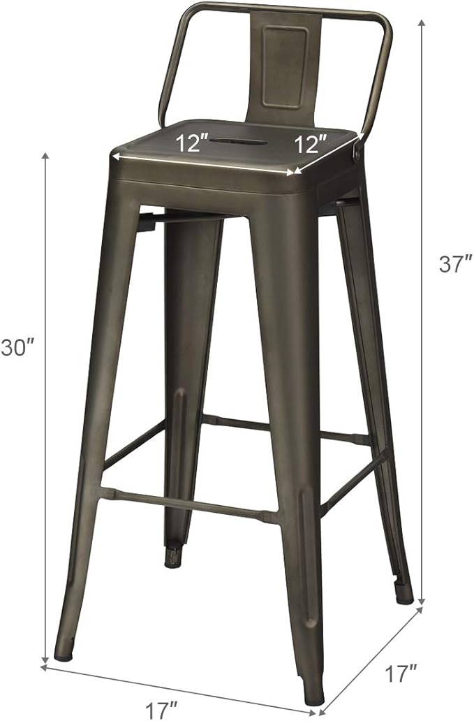 COSTWAY Metal Bar stools Set of 4, with Removable Back, 30'' Bar Height Stools with Rubber Feet, Stylish and Modern Chairs, for Kitchen, Dining Rooms, and Side Bar (Gun, 30'')