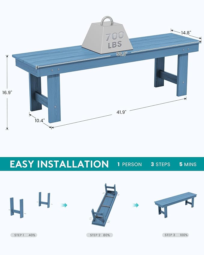SERWALL 2-Person Outdoor Bench Backless, HDPE Outdoor Benches Weatherproof, 700 Lbs Weight Capacity, Poly Lumber Patio Furniture for Garden, Porch and Park, Navy, 2 Pack