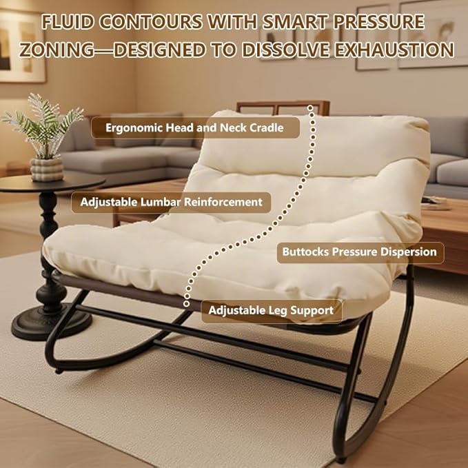 Patio Outdoor Rocking Chair,Oversized Papasan Rocking Chair with Cushion,Lounge Chair Outdoor/Indoor,Supports 450 Lbs,Comfy Chair for Garden/Lawn/Brown/Bedroom/Living Room,White
