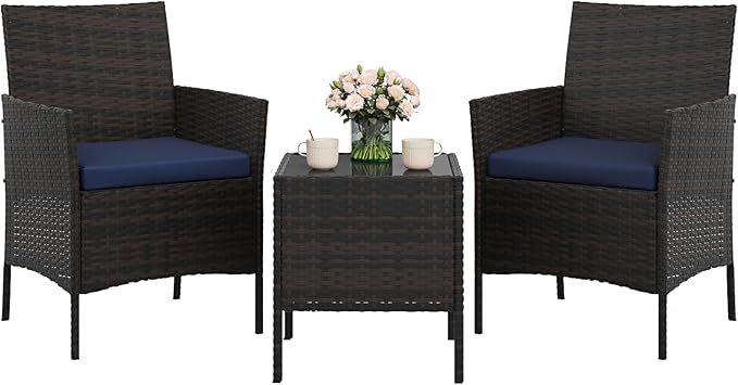 GAOMON 3-Piece Patio Furniture Set, Modern PE Rattan Conversation Set with 2 Chairs & Tempered Glass Coffee Table, All-Weather Outdoor Seating for Garden, Porch, Balcony, Poolside, Brown/Navy Blue