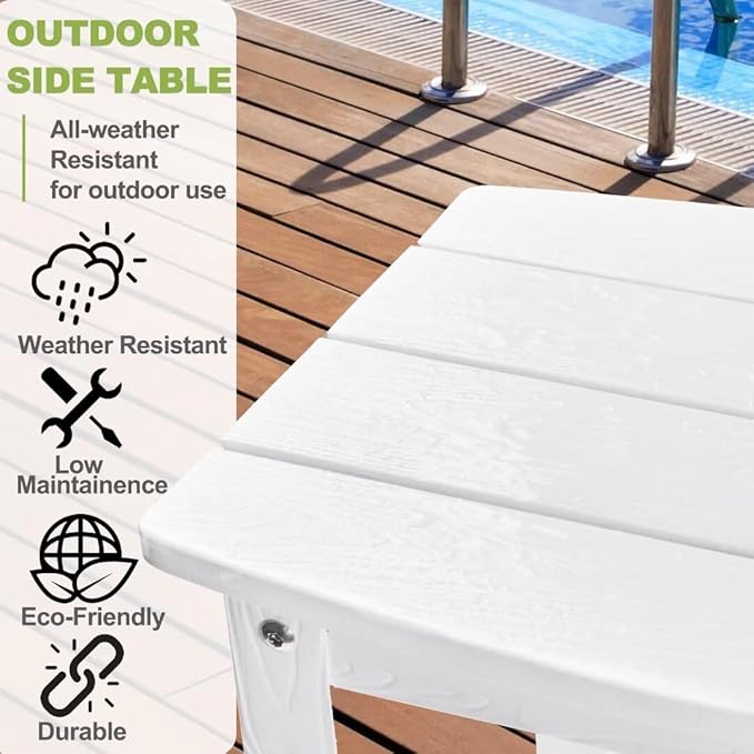 Y&M Outdoor Side Table, HIPS Adirondack Small Single Table, Waterproof Square Outside Table, Balcony Modern End Tables for Patio, Pool, Beach, Porch, Deck, Indoor or Outdoor Use, White