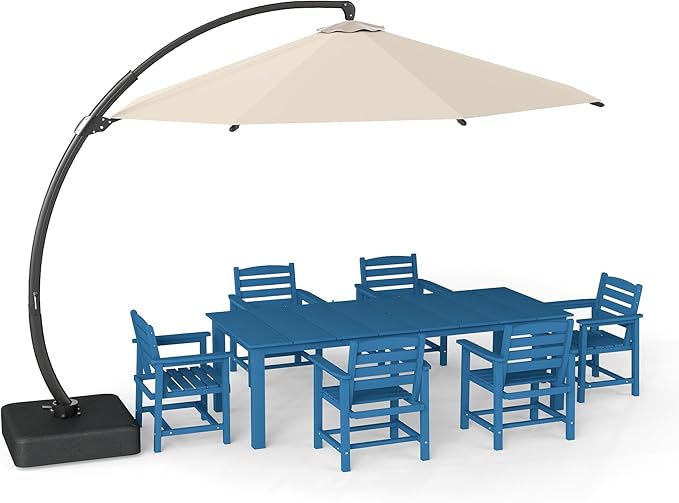 7-Piece Black Outdoor Dining Set with Beige 11FT Large Patio Umbrella, 75.2'' HDPE Table & Chairs for 6, Weather-Resistant Furniture with Umbrella Hole for Patio, Lawn, Poolside