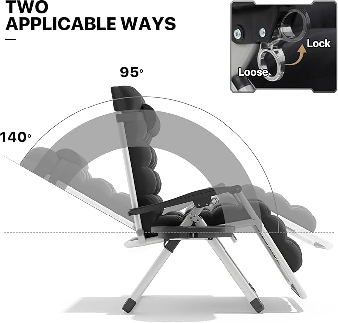 MoNiBloom Reinforced Zero Gravity Chair, Folding Pool Beach Lounger, Portable Tanning Chaise with Cushion, Headrest and Side Tray, 330lbs Capacity - Black