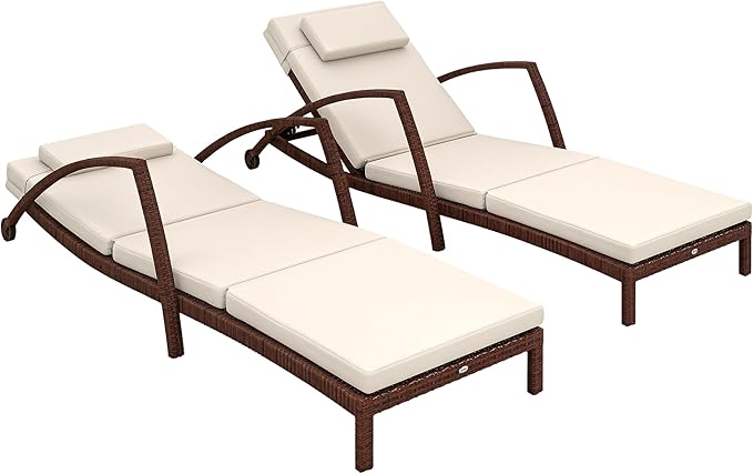 Outsunny Wicker Chaise Lounge Chair Outdoor Set of 2, 5-Position Adjustable Reclining Pool Lounge Chairs with Wheels, Rattan Outdoor Lounger with Cushion, Armrests for Poolside Beach Backyard, Beige