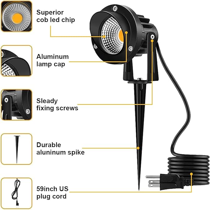 Romwish 120V LED Landscape Spotlights, 10W Outdoor Spotlights for Yard, 3000K Warm White, 120V AC Spot Light with Ground Spike, Waterproof Landscape Lighting for House Garden Lawn Decorative - 4 Pack