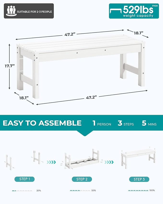 SERWALL 47 Inches Outdoor Bench, All Weather HDPE Backless Bench with Wood Grain Texture for Garden Porch and Park, Curved Bench Seat for Comfort, White