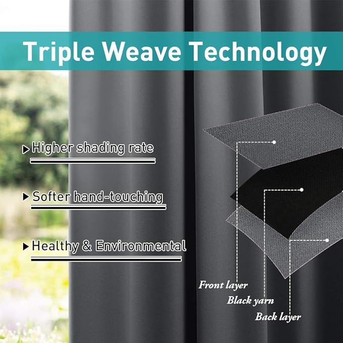 NICETOWN 2 Panels Patio Curtains Outdoor Waterproof 84 Long, Detachable Sticky Tab Top Heavy Weight Blackout Sunblock Window Treatment, Keep Privacy for Gazebo/Dock, W52 x L84, Grey