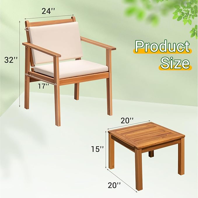 Greesum Outdoor Patio Furniture, 3 Piece Bistro Sofa Set with 1 Coffee Table and 2 Chairs, Acacia Wood Conversation Sets with Cushions, for Garden, Backyard, Poolside, White