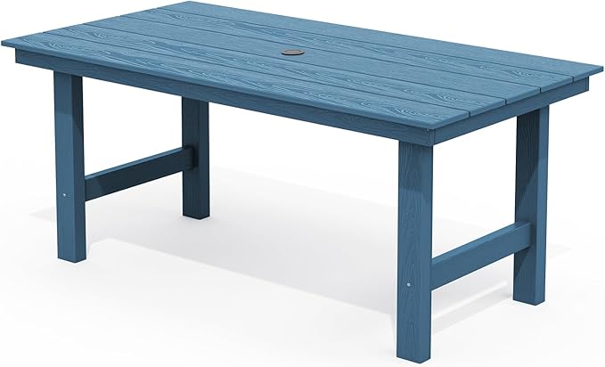 SERWALL Outdoor Dining Table, 67" Rectangle HDPE Dining Table for 6, Patio Table for Dining with Umbrella Hole, Blue