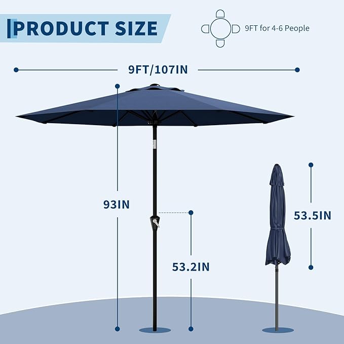 Garvee 9FT Patio Umbrella - Outdoor Table Umbrella with Smooth Crank Lift, Push Button Tilt and 8 Sturdy Ribs - Market Umbrella UV Protection Waterproof for Pool, Deck, Yard, Garden (Navy Blue)