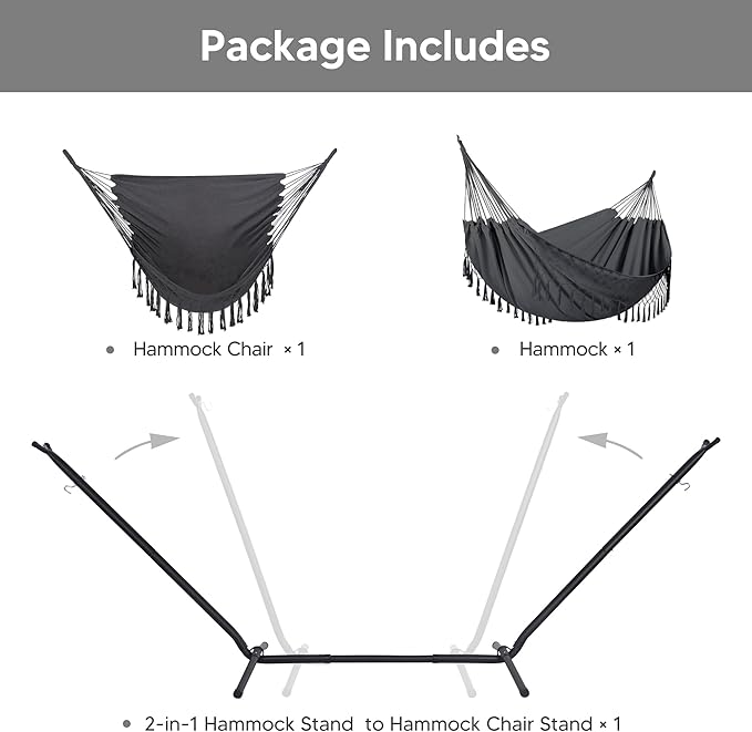 SUNCREAT 2-in-1 Hammocks Convertible Portable Double Hammock with Stand Included, Outdoor Hammock and Stand, Patented, Dark Grey with Tassel