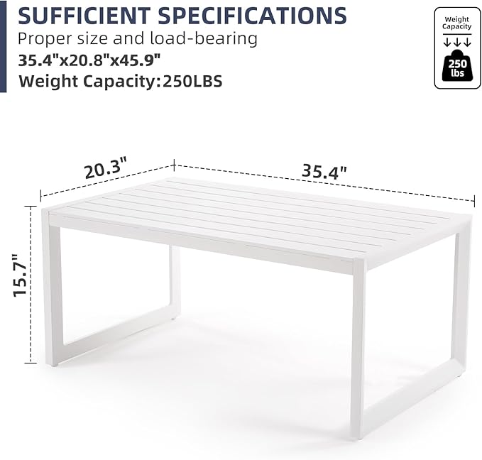 Outdoor Coffee Table for Patio, Aluminum All-Weather Modern Metal Coffee Table, Rectangle, White