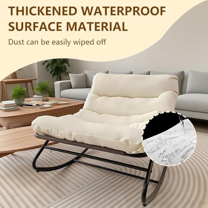 Patio Outdoor Rocking Chair,Oversized Papasan Rocking Chair with Cushion,Lounge Chair Outdoor/Indoor,Supports 450 Lbs,Comfy Chair for Garden/Lawn/Brown/Bedroom/Living Room,White