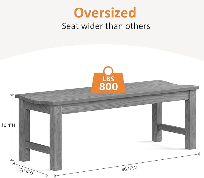 Outdoor Bench, 2-Person Patio Backless Bench Holds up to 800lbs, Weatherproof Garden Bench That Never Rot and Fade, Suit for Backyard, Porch, Patio, Deck and Entryway (Grey)