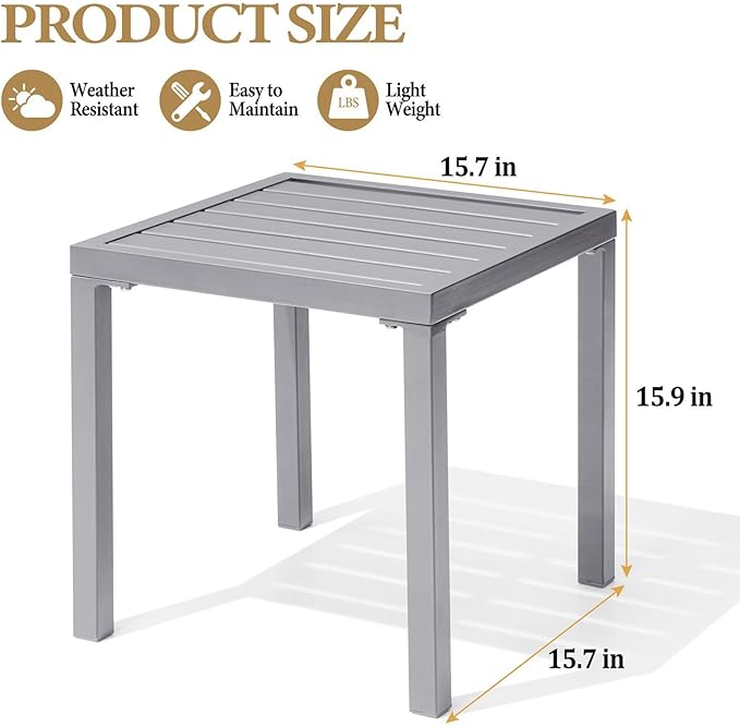 Crestlive Products Outdoor Side Table Set of 2, Small Square Metal End Table Weather Resistant Pool Side Tables for Patio Balcony（Light Gray