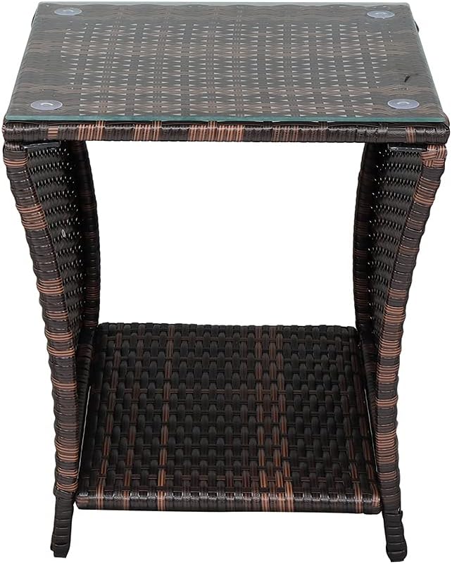 Wicker Rattan Side Table, Outdoor Square Rattan Coffee End Table with Tempered Glass Top and Storage for Patio Porch Lawn (Brown)