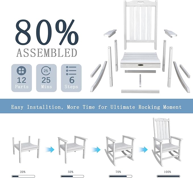Oversized Rocking Chair Set of 8, Outdoor Rocking Chair for Adults, All Weather Resistant Porch Rocker for Lawn Garden, White