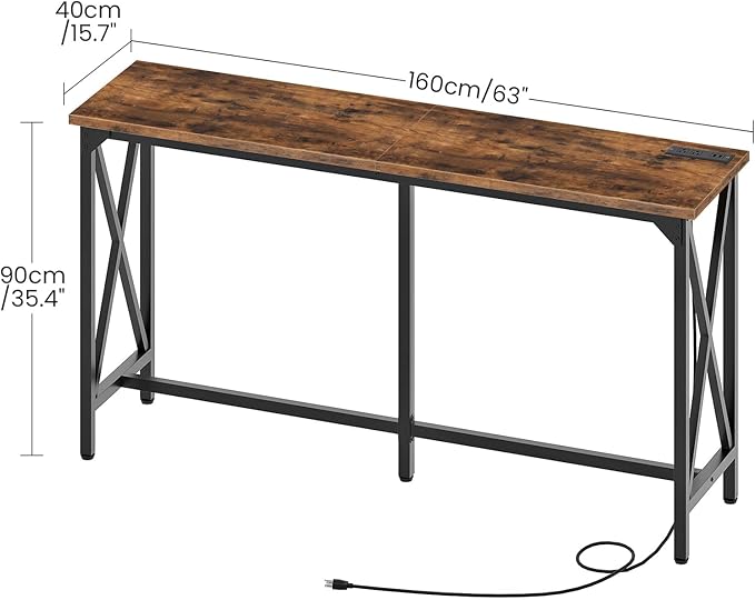 63'' Bar Table, Kitchen Dining Table with Power Outlet and Footrest, Industrial Style, for Pub, Living Room, Rustic Brown and Black TBT07UBF