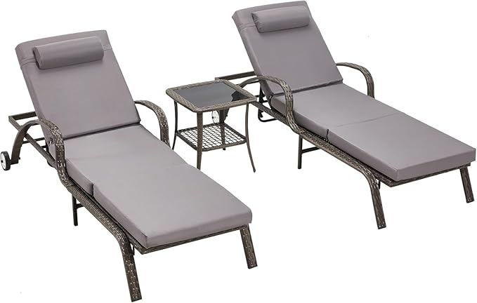 HOMREST Pool Lounge Chairs Set of 3, Outdoor Wicker Chaise Lounge Chair with 5 Adjustable Backrest & Flexible Wheels & Thicken Cushion for Patio Garden and Poolside, Gray