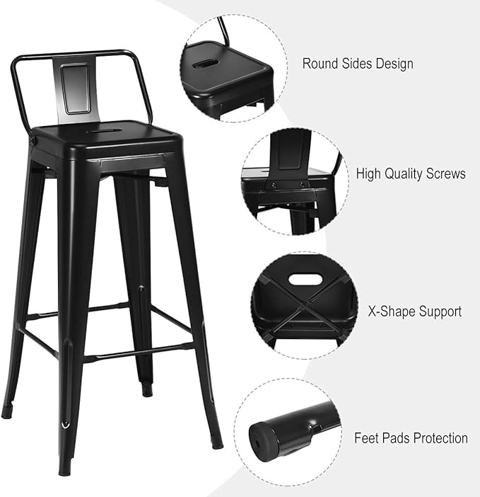 COSTWAY Metal Bar Stools Set of 4, with Removable Back, 30‘’ Bar Height with Rubber Feet, Stylish and Modern Chairs, for Kitchen, Dining Rooms, and Side Bar (Black, 30'')