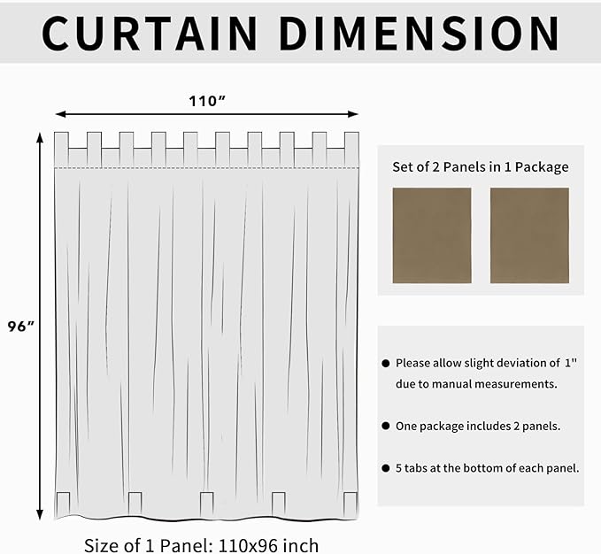Easy-Going Outdoor Patio Curtains Detachable Tab Top Windproof Weatherproof Curtain for Cabana, Porch, Pergola and Gazebo, Tab Bottom Drape, 2 Panels, 110W x 96L inch, Khaki