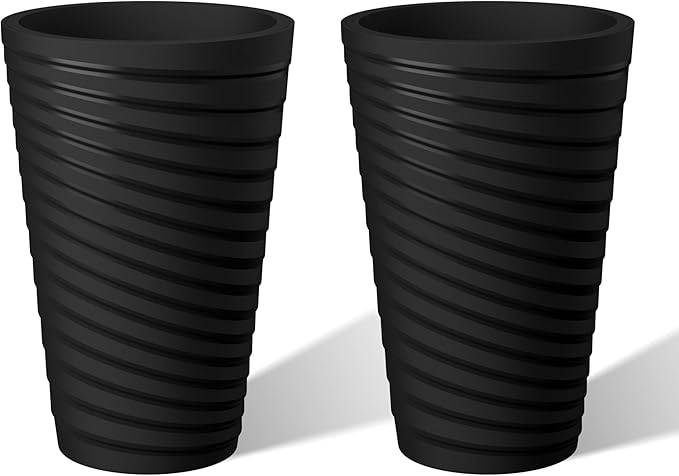 Kante 15 Inch Tall Planter Set of 2, Round Spiral Textured Flower Pots, Decorative Plant Pots for Outdoor Indoor Home Garden Patio (Black)