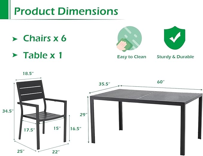 AECOJOY 7 Piece Outdoor Dining Set, 60" x 36" Aluminum Patio Table and Chairs Set for 6 with Rectangular Table and Stackable Chairs for Garden, Backyard, Black