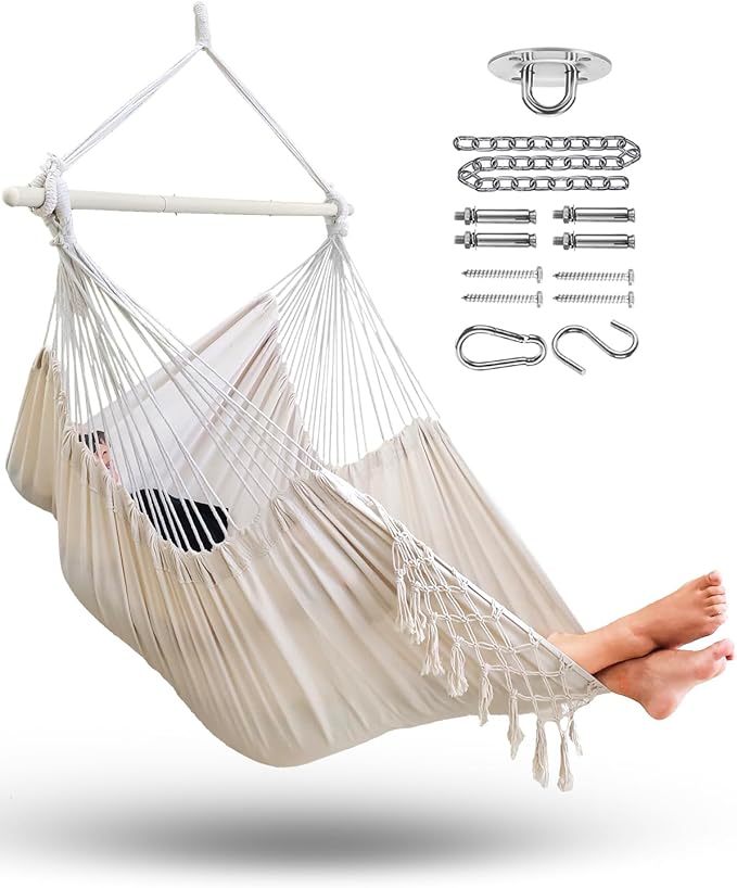 MIZTLI Hammock Chair Hanging Chair Swing Chair XXL Large Macrame Swing Indoor Hammock for Bedroom - Max 500 Lbs - All Hanging Kit Included