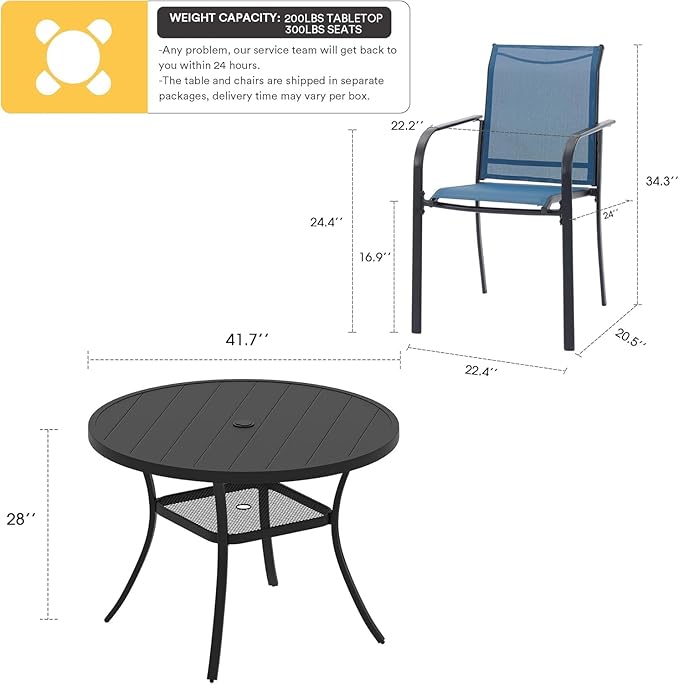 VICLLAX 5 Pieces Patio Dining Set, Outdoor Furniture Set Includes 41.2" Round Patio Table and 4 Patio Sling Chairs, Black Tabletop and Blue Fabric