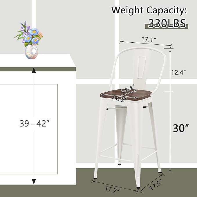 Yongqiang 30 inch Bar Stools Set of 4 Farmhouse Bar Height Stools High Back Kitchen Bar Chairs Cream White Metal Barstools with Large Wooden Seat