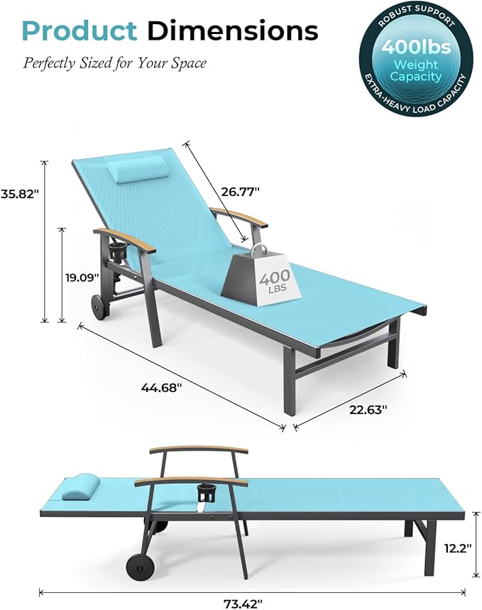 Ciokea Outdoor Lounge Chair with Pillow, 5-Position Aluminum Chaise Lounge with Wheels & Armrests, 400 lbs Heavy Duty Patio Pool Chair for Deck, Backyard, Beach & Poolside, Lake Blue