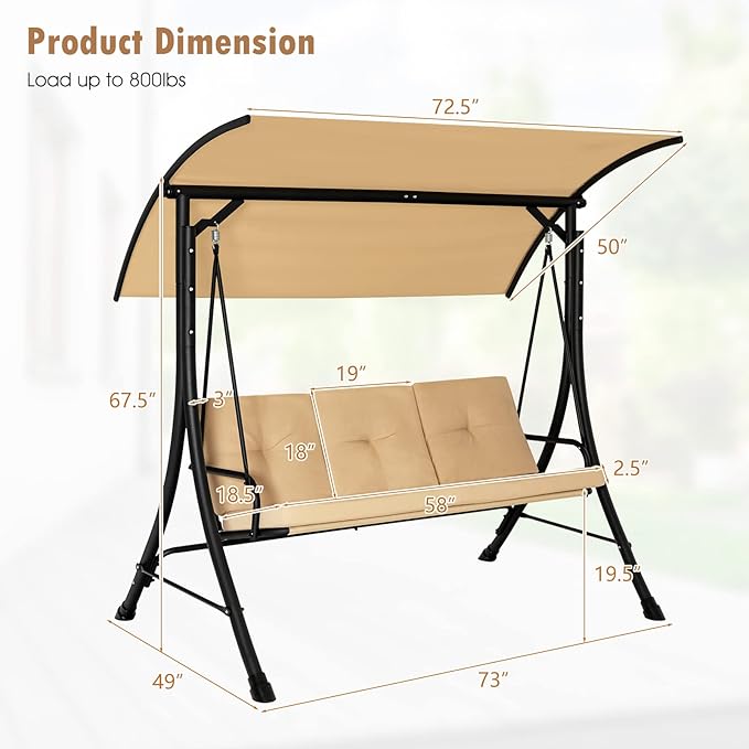 Tangkula 3 Person Porch Swing, Outdoor Swing with Removable Cushions, Solid Steel Structure, Patio Swing with Adjustable Canopy for Garden, Backyard, Balcony, Poolside Beige