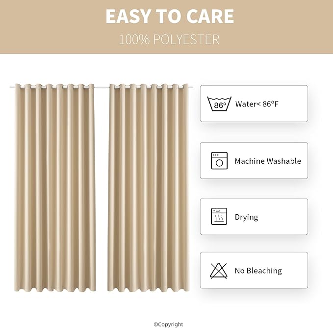 Outdoor Patio Curtain Waterproof Darkening Thermal Insulated Indoor Curtains for Bedroom, Porch, Living Room, Pergola, Cabana, W105 x L120 Extra Wide Room Divider, Beige, Set of 2 Panels