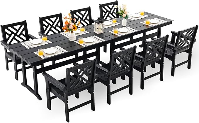 HDPE Dining Table Set for 8,10-Piece Outdoor Table and Chairs Include 8 Dining Chairs and 2 Pcs 62.5" Patio Dining Table with Umbrella Hole (Black)