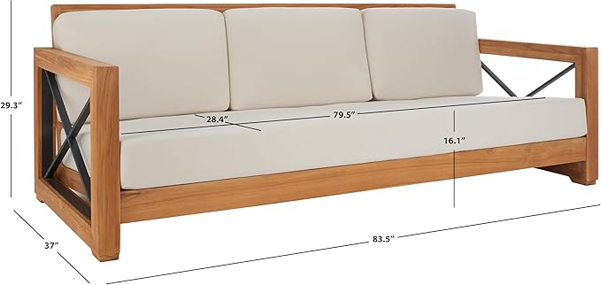 SAFAVIEH Couture Outdoor Patio Furniture Collection – Curacao 3-Seat Patio Sofa, Brazilian Teak Wood Frame with Removable White Cushions, Modern Outdoor Seating (CPT1010A)