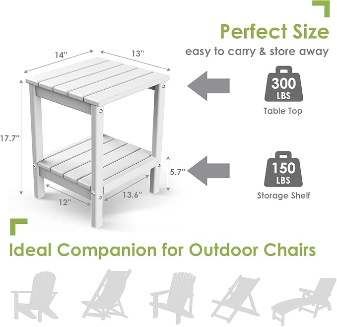 GREENVINES Adirondack-Outdoor-Side-Table | Set of 2 | 14 x 13 Inches | HDPE Plastic | All Weather | White | Outside End Tables | Storage Shelf | for Patio Porch Backyard Indoor