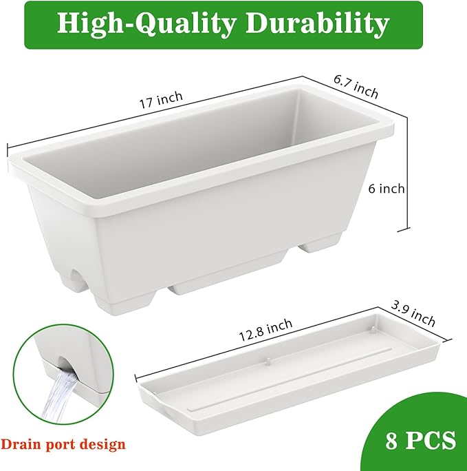 Planter Boxes for Domestic Gardening 8 Pcs, 17 Inch Long Window Sill Planter Box Outdoor, Plastic Rectangular Window Rectangle Window Boxes Planters with Drainage Holes and Trays for Windowsill
