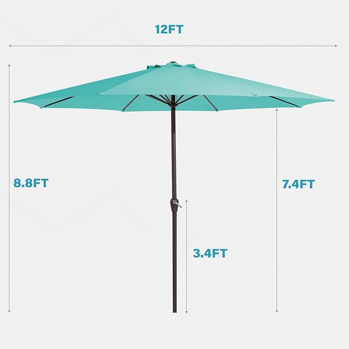 MEWAY 12ft Patio Umbrella Outdoor Table Umbrellas with Crank, Market Umbrella 8 Sturdy Ribs for Deck, Garden, Pool and Backyard, Teal
