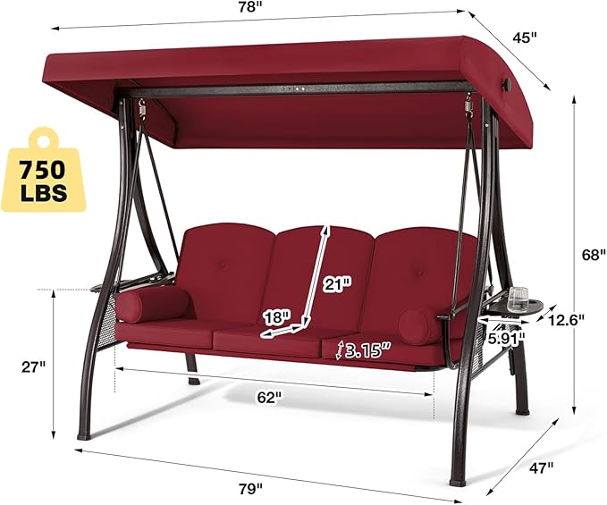 HOMREST 3 Person Outdoor Porch Swing with 1.5" Upgraded Cup Holder, Adjustable Canopy, Backrest, Patio Swing Bed with Weather Resistant Steel Frame, Cushions for Garden,Deck and Poolside(Wine Red)