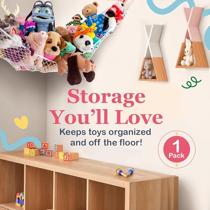 Lilly's Love Stuffed Animal Hammock | Corner Hanging Organizer, Toy Storage, Stuffed Animal Storage Net | Made From Quality Fishing Net, Holds 12lbs | 67"x47"x47" (Rainbow)