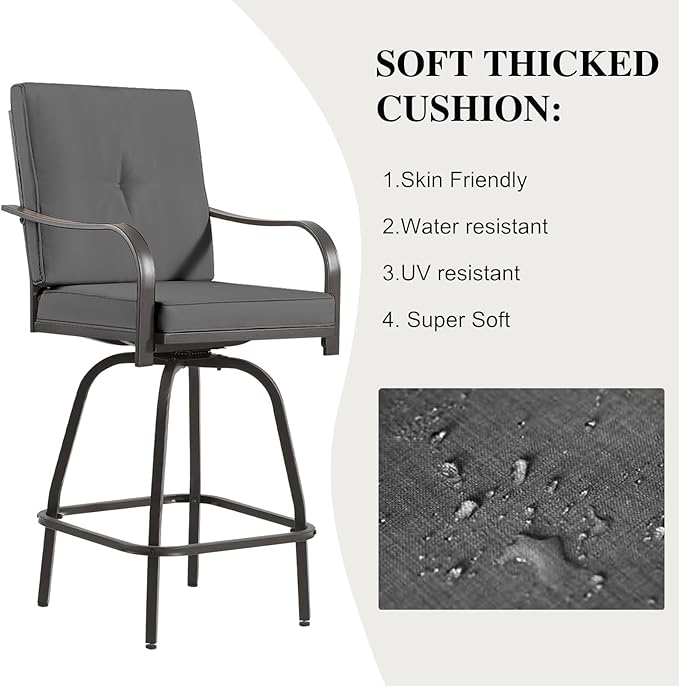 Patio Swivel Bar Stools, Outdoor Bar Height Swivel Chairs Set of 4 with Cushion & All Weather Steel Frame for Backyard, Lawn, Poolside and Balcony, Dark Grey