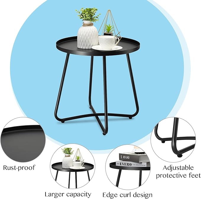 danpinera Outdoor Side Tables, Weather Resistant Steel, Small Round End Table for Patio Yard Balcony Garden Bedside Black
